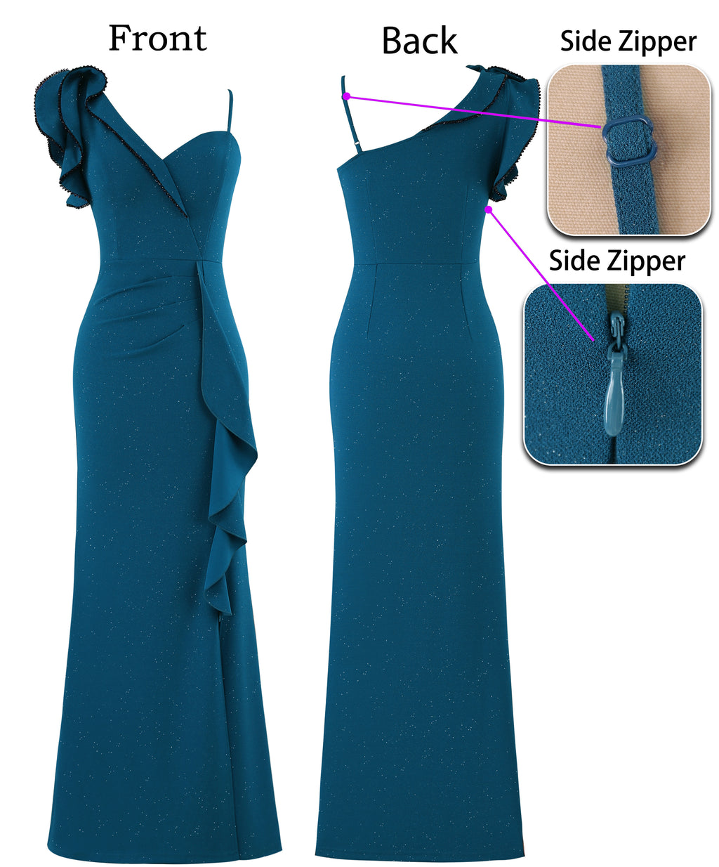 VFSHOW Womens Formal Prom Elegant Ruffle One Shoulder Beaded Strap Ruched Slit Maxi Dress Wedding Evening Long Gown