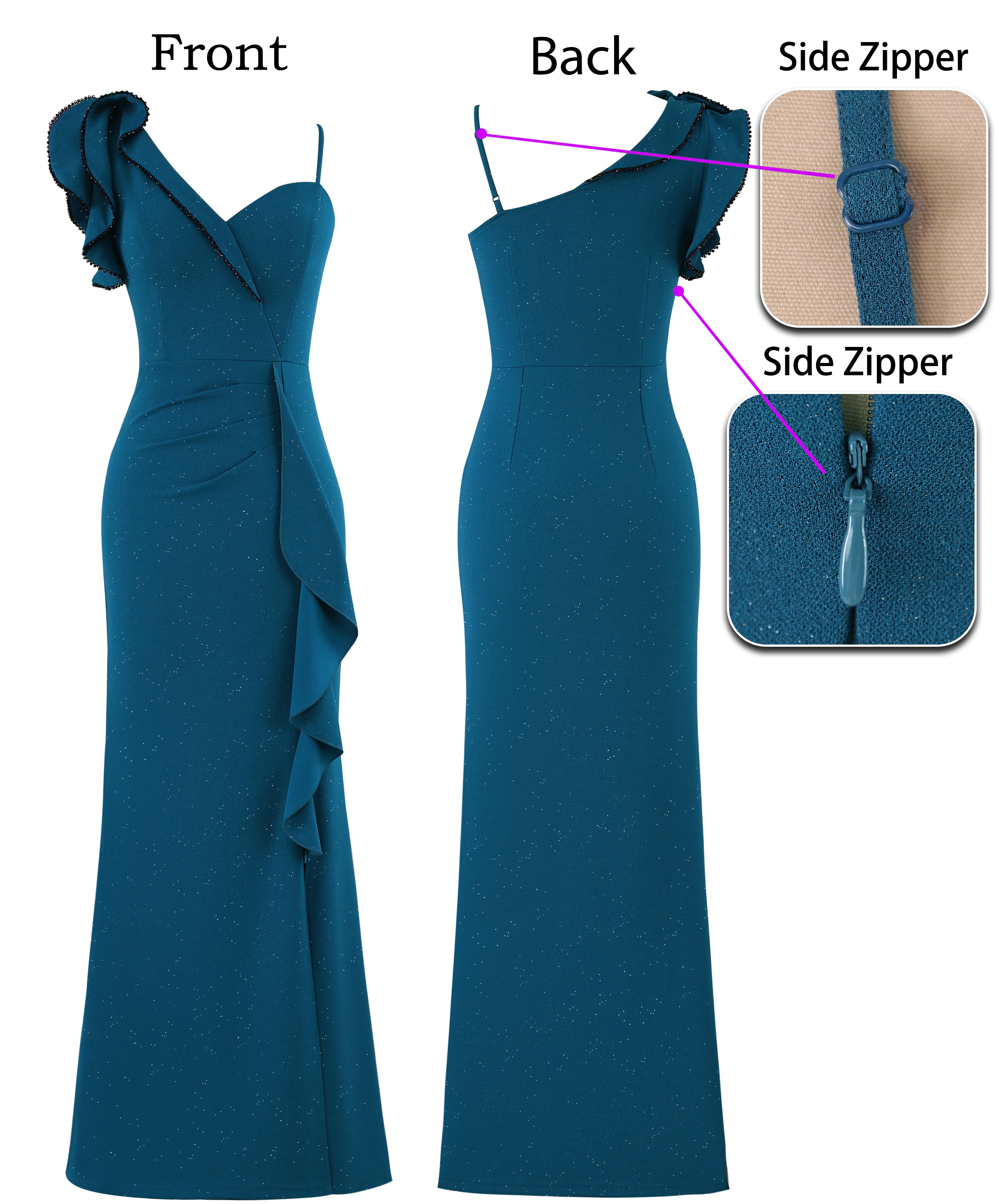 VFSHOW Womens Formal Prom Elegant Ruffle One Shoulder Beaded Strap Ruched Slit Maxi Dress Wedding Evening Long Gown