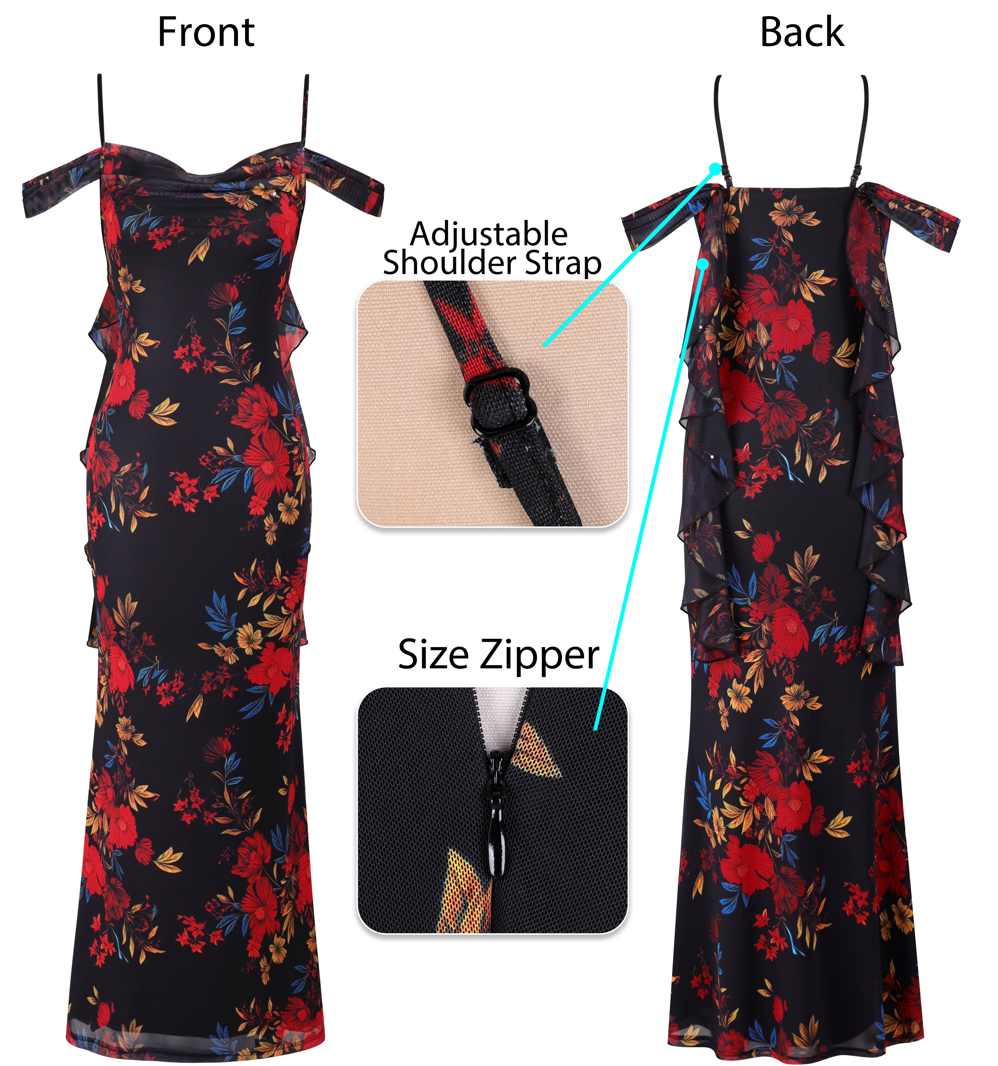 VFSHOW Womens Floral Cowl Neck Ruffle Wedding Guest Mermaid Maxi Dress | Adjustable Spaghetti Straps, Off Shoulder, Backless, Printed Mesh, Slim Bodycon, Cocktail Parties, Semi-Formal, Cruise Dinner