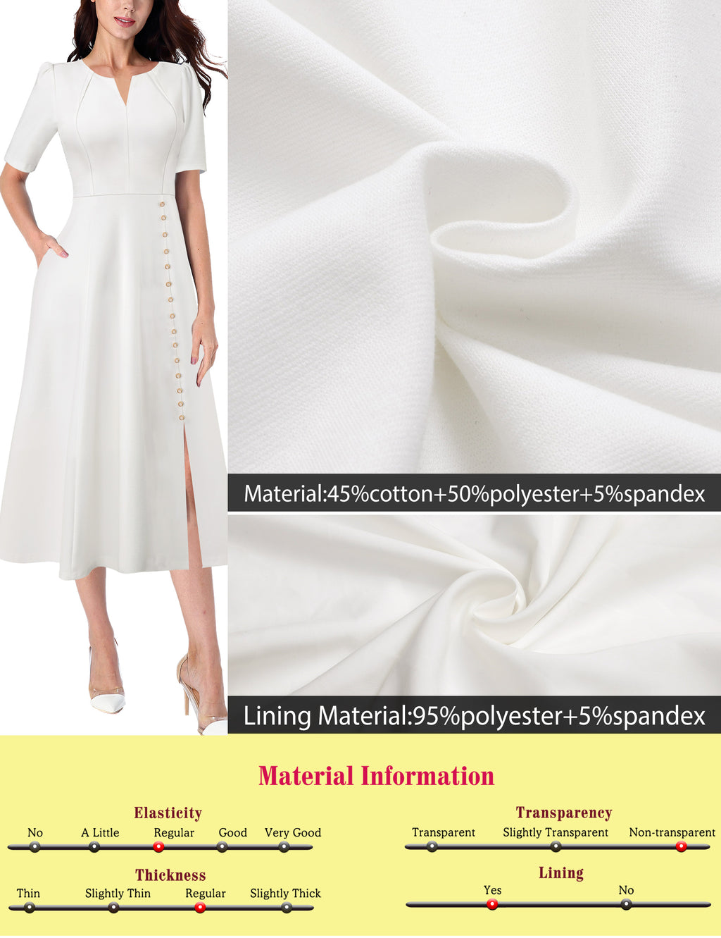 VFSHOW Women Pleated Notch V Neck Pockets Buttons Work Office Business A-Line Midi Dress