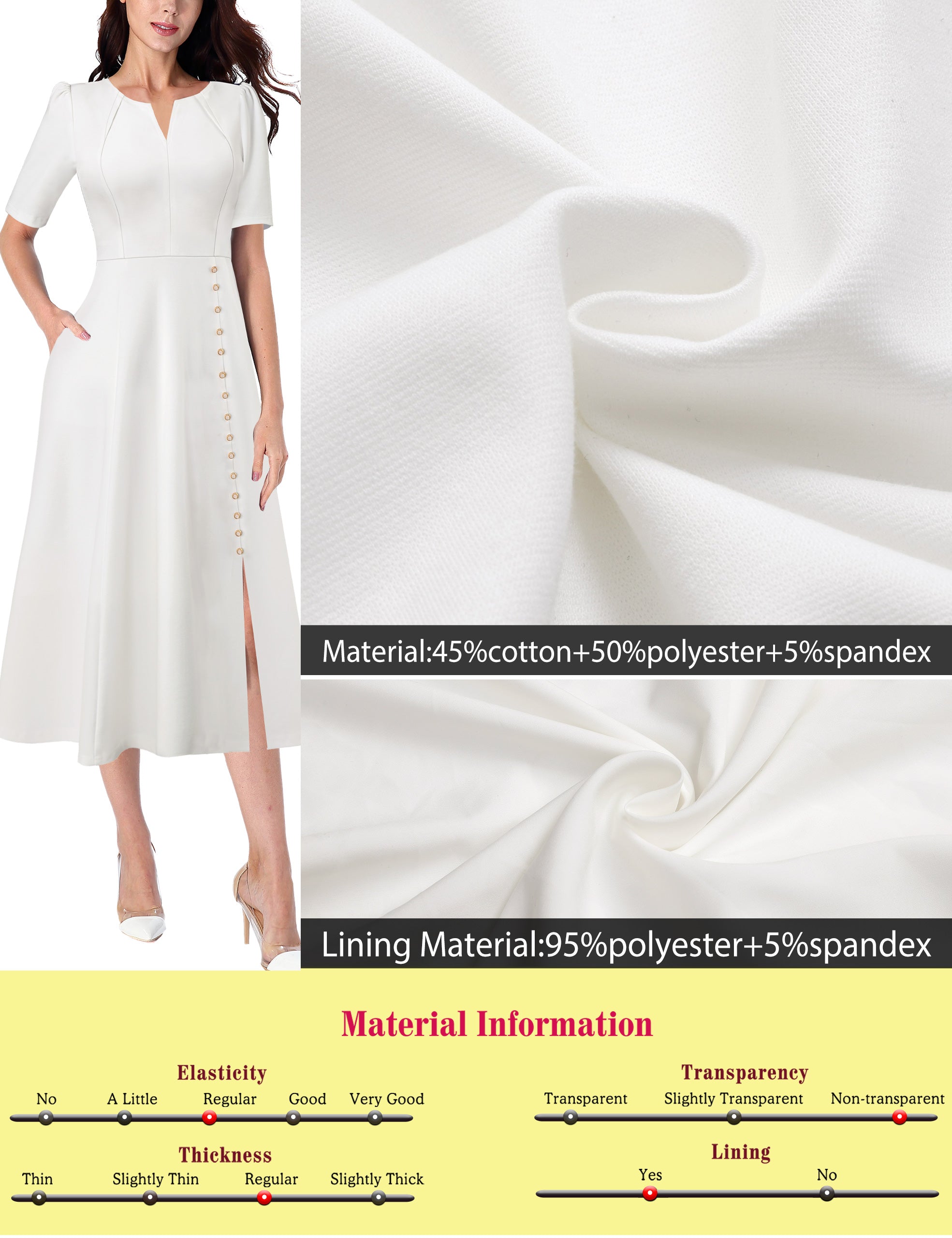 VFSHOW Women Pleated Notch V Neck Pockets Buttons Work Office Business A-Line Midi Dress