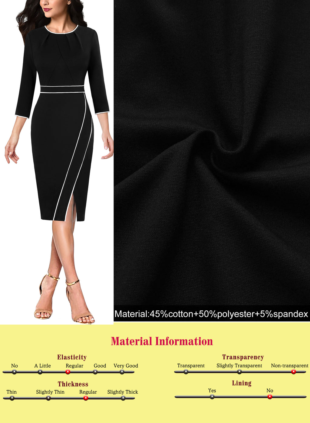 VFSHOW Womens Pleated Crew Neck Patchwork Front Split Work Business Office Slim Bodycon Sheath Pencil Dress