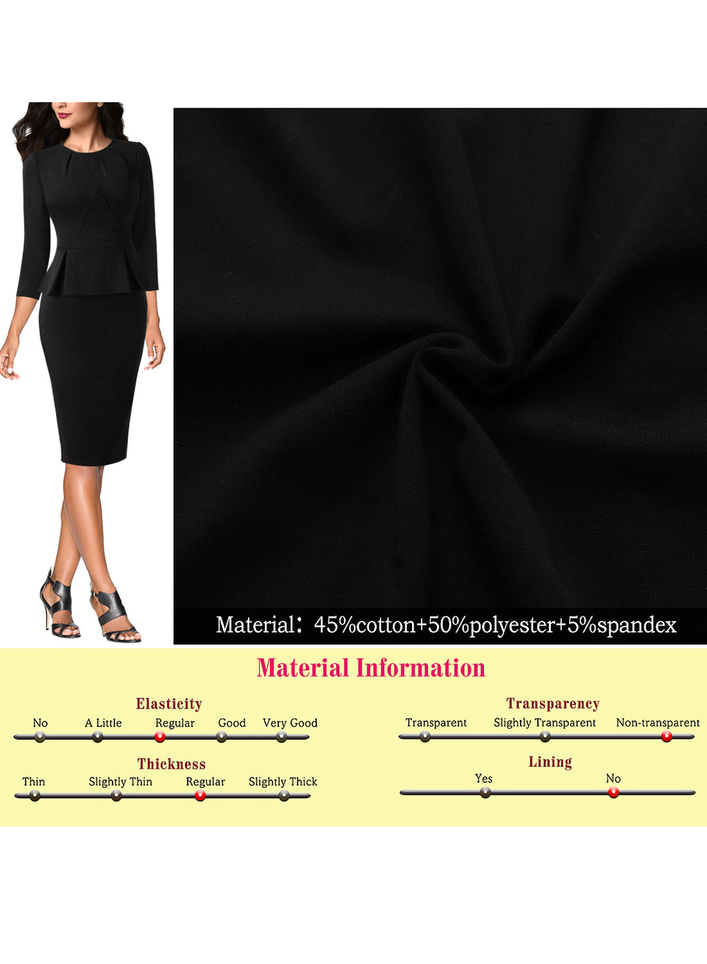 VFSHOW Womens Pleated Crew Neck Peplum Work Business Office Bodycon Pencil Sheath Dress