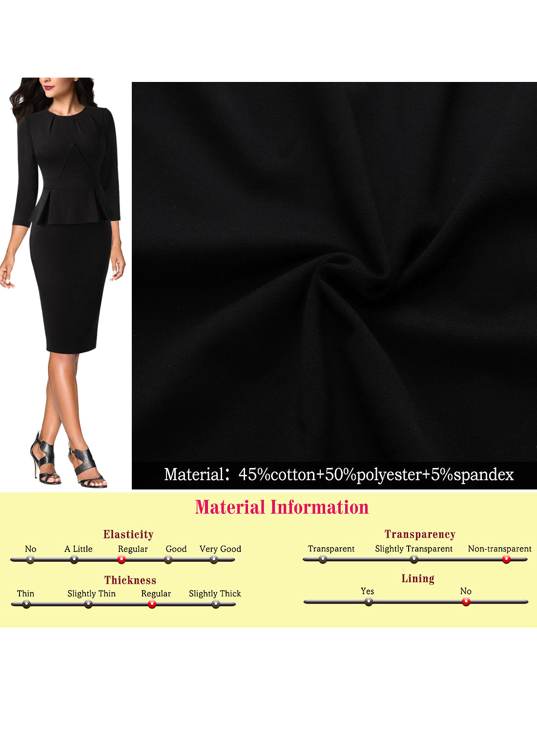 VFSHOW Womens Pleated Crew Neck Peplum Work Business Office Bodycon Pencil Sheath Dress