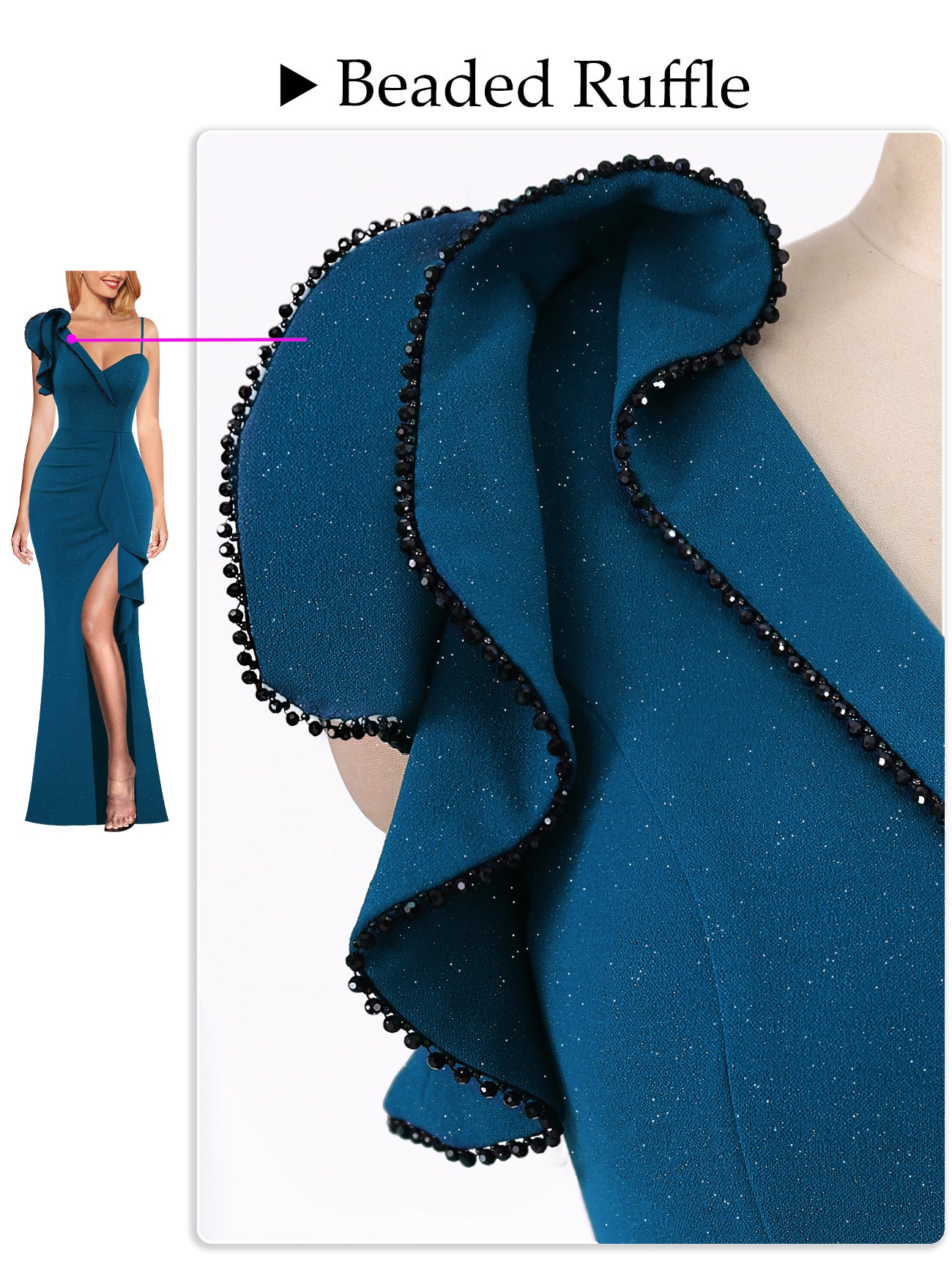 VFSHOW Womens Formal Prom Elegant Ruffle One Shoulder Beaded Strap Ruched Slit Maxi Dress Wedding Evening Long Gown